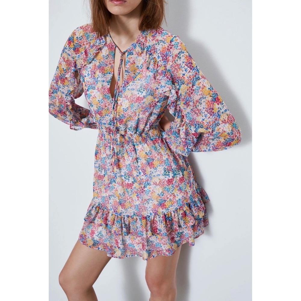 Zara Floral Print Ruffle Mini Dress Smocked Waist Tie Neck Multicolor Large